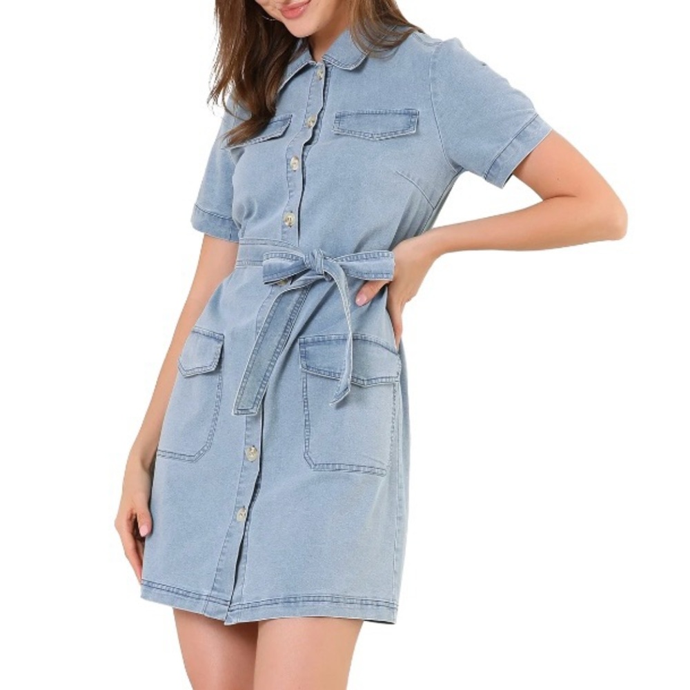 Denim Light Blue Belted Shirtdress Boho Western Cowgirl Chambray Jean Dress